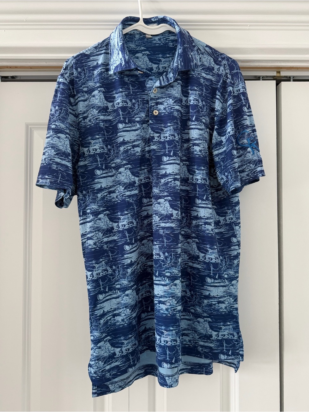 Peter Millar Navy and Light Blue Patterned Polo | Small